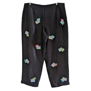 S.L.B. Women's Capri Silk Black Pants, Size 14, Embroidered, Lined, Side Zipper